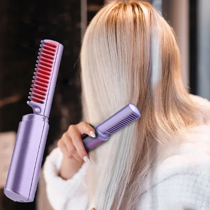 Portable Mini Electric Hair Brush Dual Use Hair Straightener Curler USB Charging Temperature Adjustable Straightener Curler Comb (image for) Portable Mini Electric Hair Brush Dual Use Hair Straightener Curler USB Charging Temperature Adjustable Straightener Curler Comb